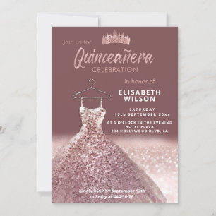 Rose gold  tiara sequins dress Quinceañera  Invitation