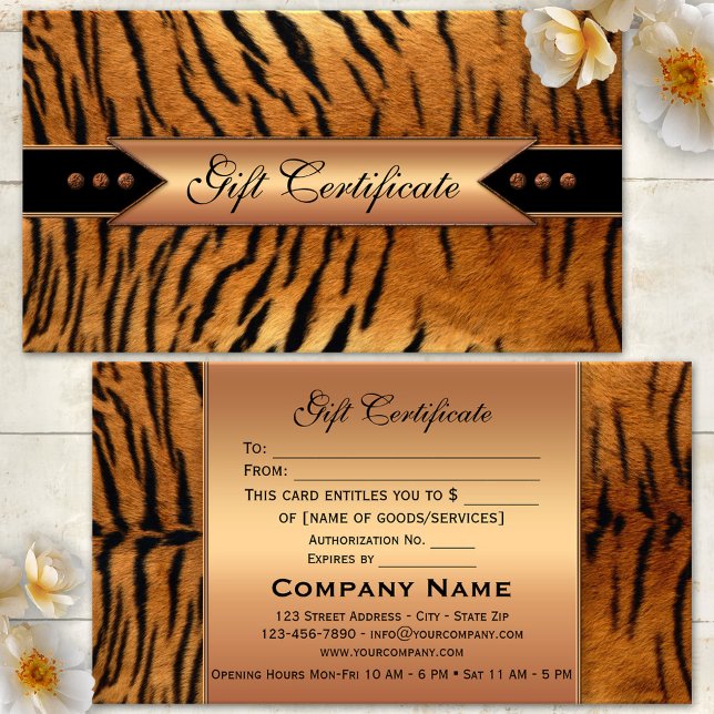 Rose Gold Tiger Beauty Gift Certificate Template (An elegant gift certificate template featuring a classic tiger print and festive rose gold design)