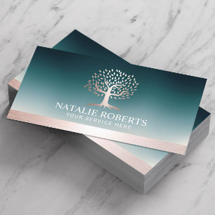 Rose Gold Tree Logo Teal Wellness Salon Spa Business Card