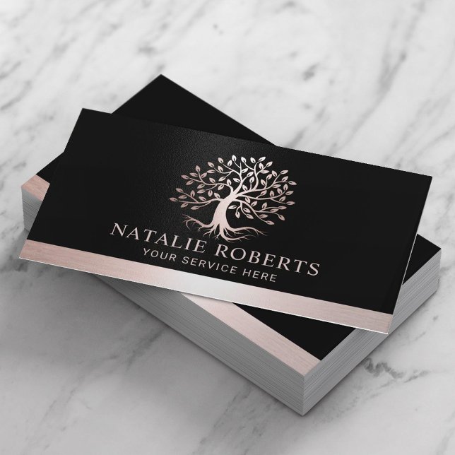 Rose Gold Tree Root Logo Wellness Salon & Spa Business Card (Creator Uploaded)