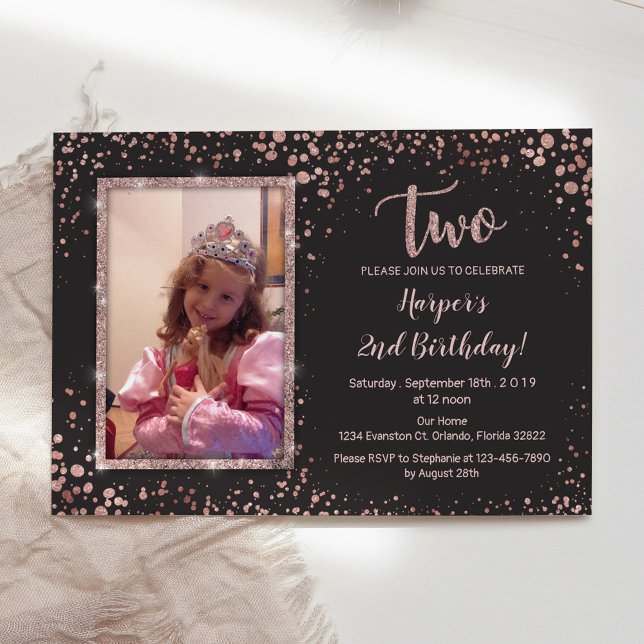 Rose Gold Trendy Elegant 2nd Birthday Girls Photo Invitation (Creator Uploaded)