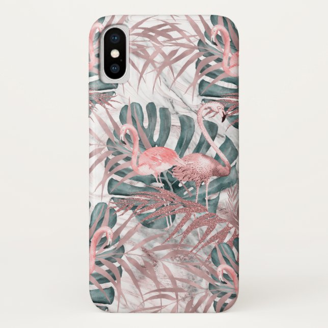 Rose Gold Tropical Flamingos Leaves & Marble Case-Mate iPhone Case (Back)