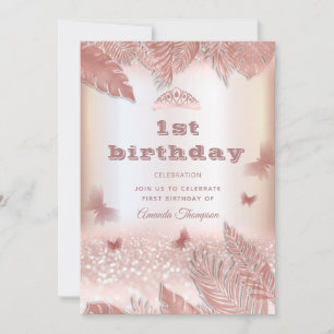 Rose gold tropical leaves glitter butterfly tiara invitation