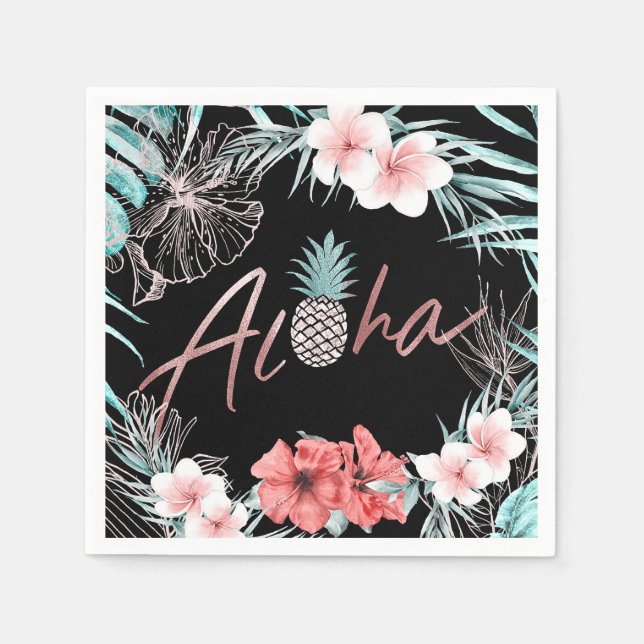 Rose Gold Tropical Pineapple Botanical Aloha Luau Napkin (Front)