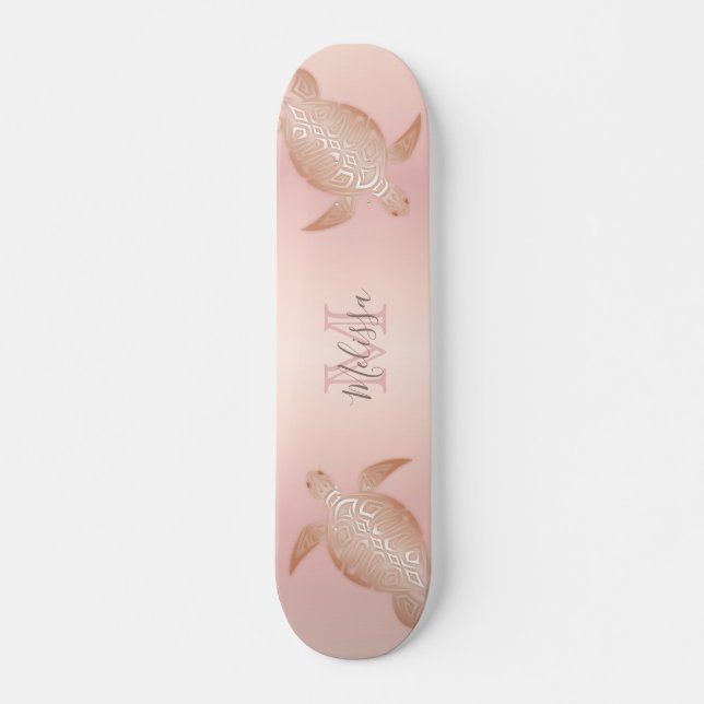 Rose Gold Turtle Blush Apricot Monogram Tropical Skateboard (Front)