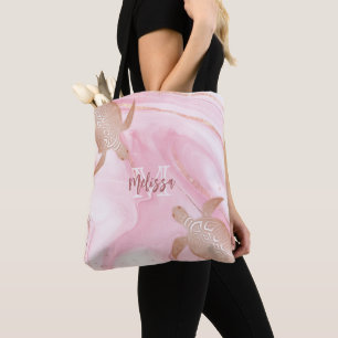Rose Gold Turtle Blush Marble Monogram Your Name  Tote Bag