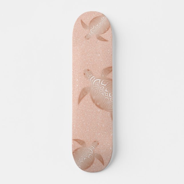 Rose Gold Turtle On Rose Gold Glitter Background Skateboard (Front)