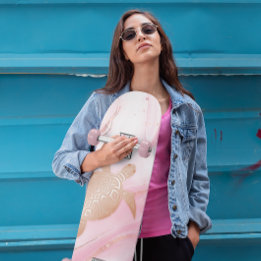 Rose Gold Turtle Pink Marble Ink Skateboard