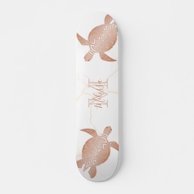 Rose Gold Turtle White Marble Monogram Your Name  Skateboard (Front)