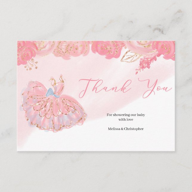 Rose gold tutu  ballerina pink floral thank you enclosure card (Front)