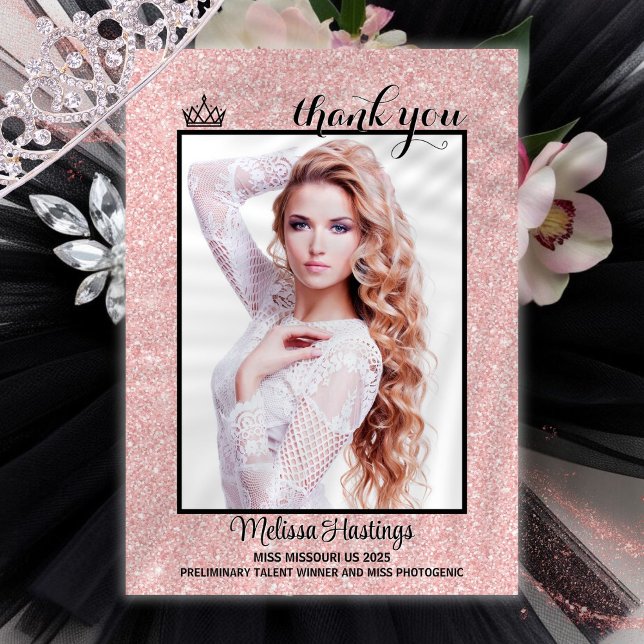 Rose Gold Tuxedo Pageant Thank You Card (This double sided pageant thank you card features your photo and text to thank your supporters)