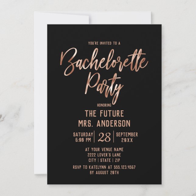 Rose Gold Typography Bachelorette Party Invitation (Front)