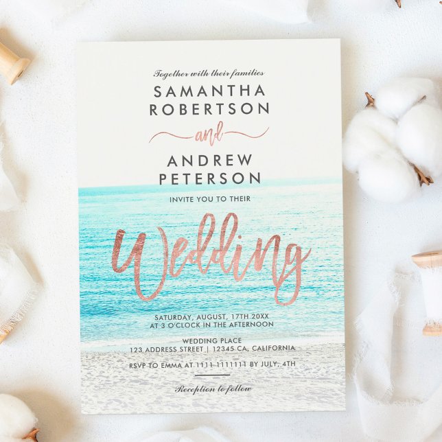 Rose gold typography beach photo wedding invitation (Creator Uploaded)