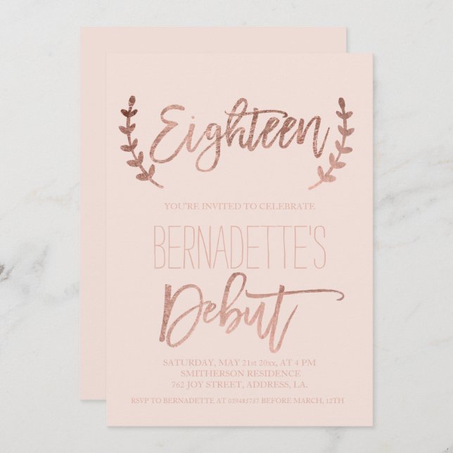 Rose gold typography debut blush 18th Birthday Invitation (Front/Back)