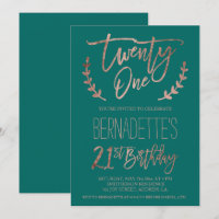 Rose gold typography feathers green 21st Birthday