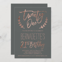 Rose gold typography feathers grey 21st Birthday
