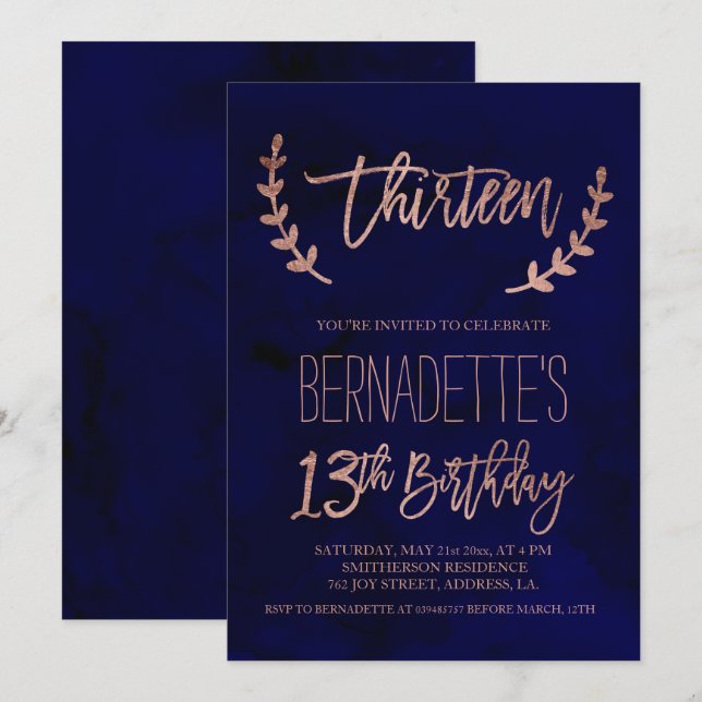 Rose gold typography feathers navy 13th Birthday Invitation (Front/Back)