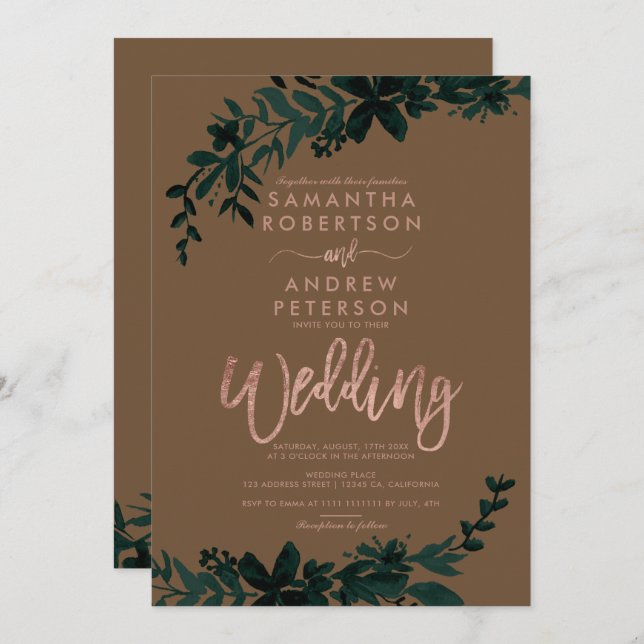Rose gold typography Floral brown wedding Invitation (Front/Back)