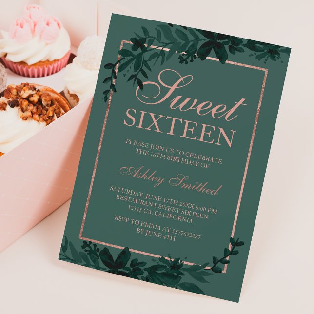 Rose gold typography Floral green leaf Sweet 16 Invitation (Creator Uploaded)