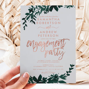 Rose gold typography Floral grey engagement Invitation
