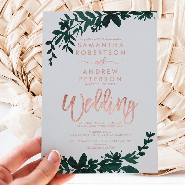 Rose gold typography Floral grey wedding Invitation (Creator Uploaded)