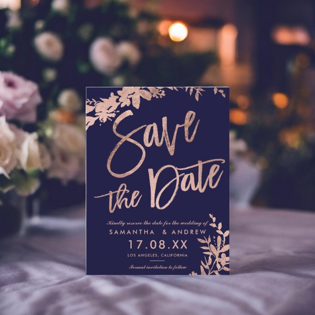 Rose Gold typography floral navy save the date Announcement Postcard (Rose Gold typography floral navy save the date Announcement Postcard)