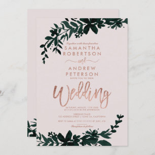 Rose gold typography Floral soft peach wedding Invitation