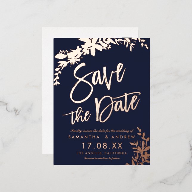 Rose Gold typography floral wedding save the date Foil Invitation Postcard (Front/Back)