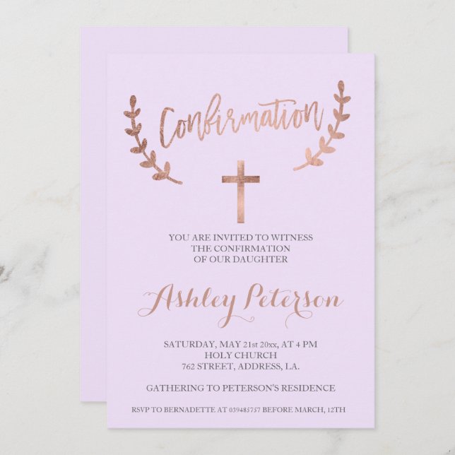 Rose gold typography lavender confirmation invitation (Front/Back)