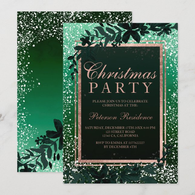 Rose gold typography leaf snow green Christmas Invitation (Front/Back)