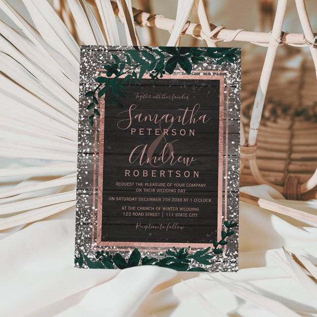 Rose gold typography leaf snow wood wedding invitation (Creator Uploaded)