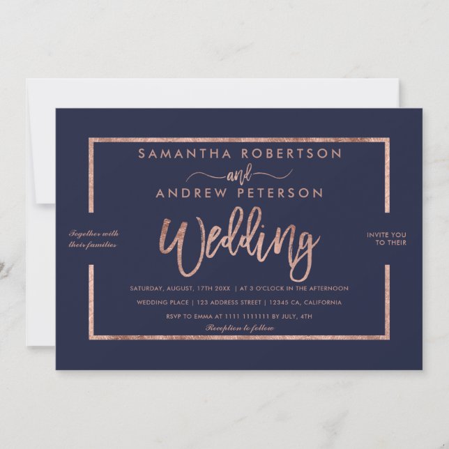 Rose gold typography navy blue chic wedding invitation (Front)