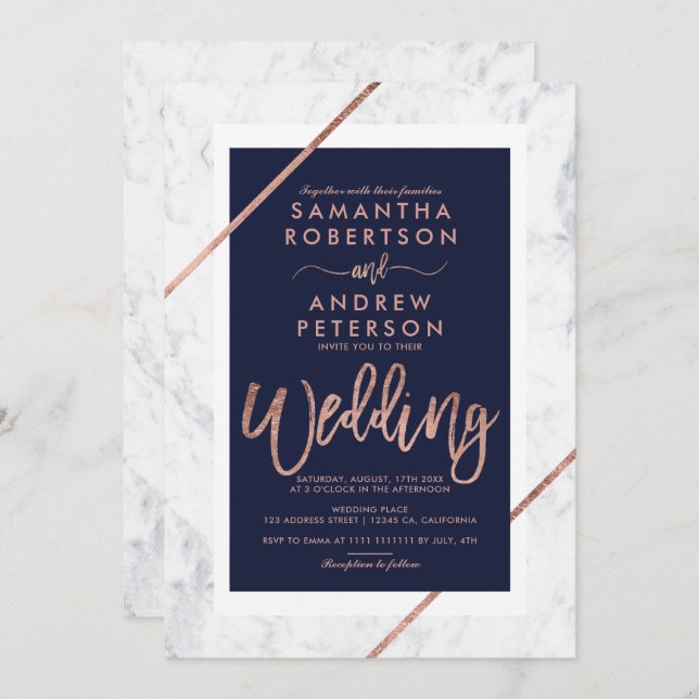 Rose gold typography navy white marble wedding invitation (Front/Back)