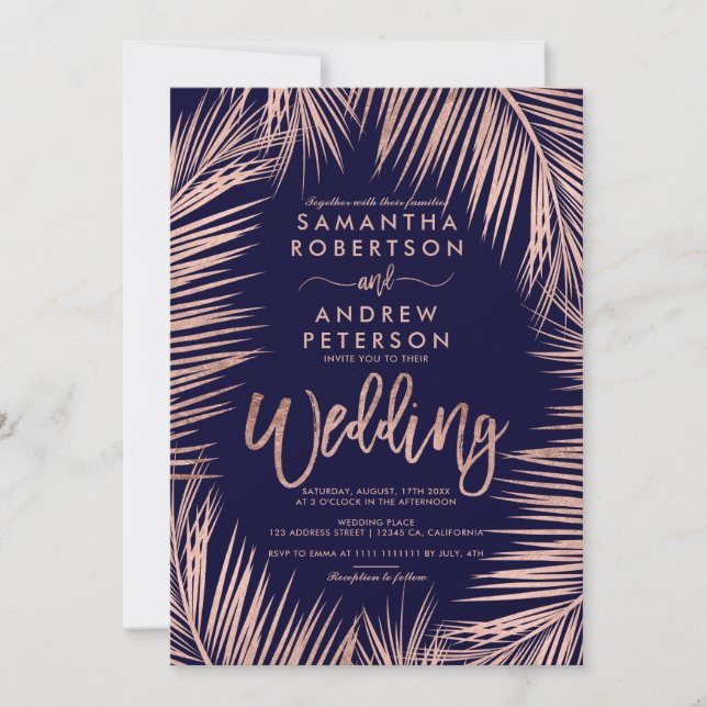 Rose Gold typography palm trees navy blue wedding Invitation (Front)