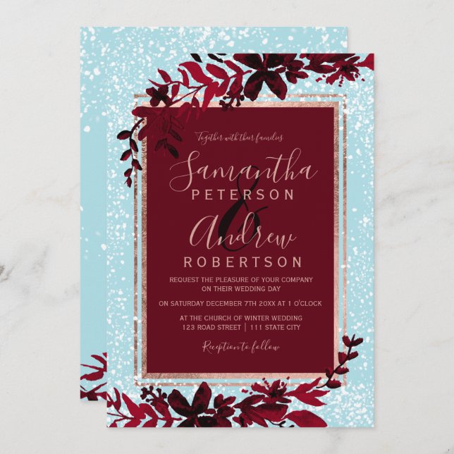 Rose gold typography red leaf snow blue wedding invitation (Front/Back)