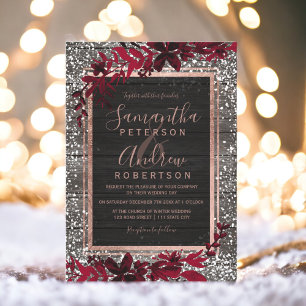 Rose gold typography red leaf snow wood wedding invitation