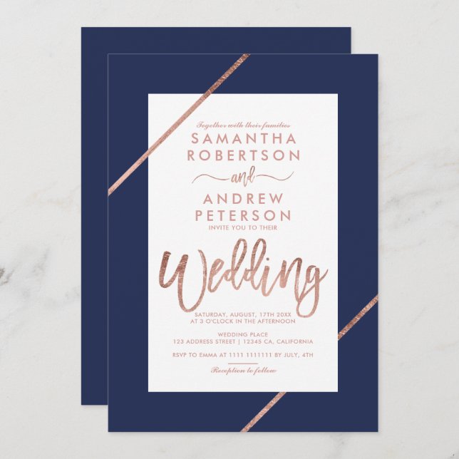 Rose gold typography stripes navy blue wedding invitation (Front/Back)