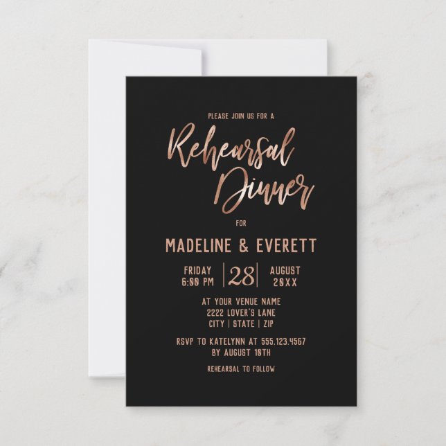 Rose Gold Typography Wedding Rehearsal Dinner Invitation (Front)