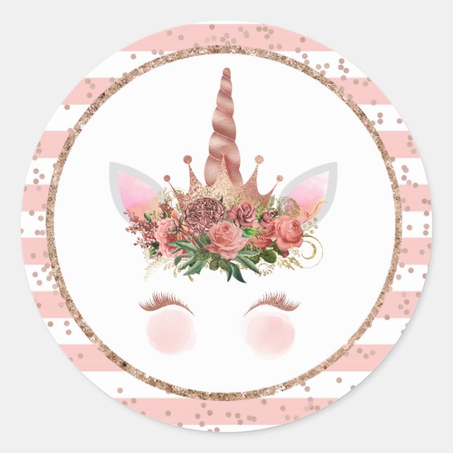 Rose Gold Unicorn Princess Classic Round Sticker (Front)