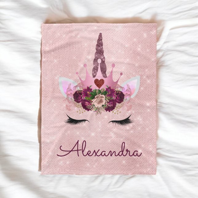 Rose Gold Unicorn Sparkle Princess Monogram Name Fleece Blanket (Creator Uploaded)