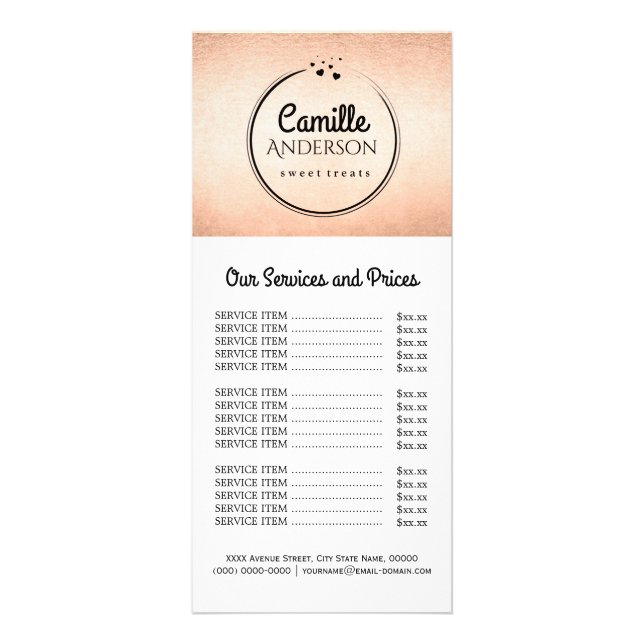 Rose Gold Versatile Price List Rack Card (Front)