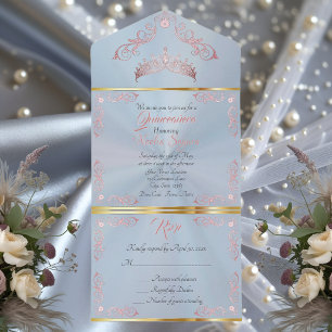 Rose Gold Vintage Border Quinceanera - Pastel Blue All In One Invitation