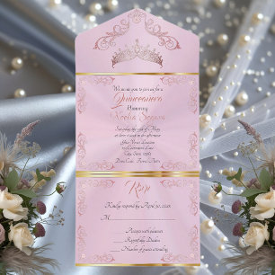 Rose Gold Vintage Border Quinceanera - Pastel Pink All In One Invitation
