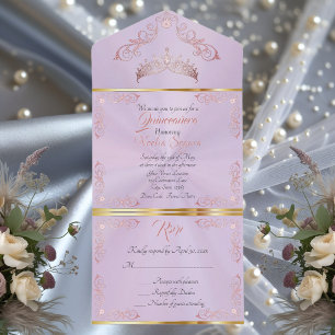 Rose Gold Vintage Borders Quinceanera - Lanender All In One Invitation