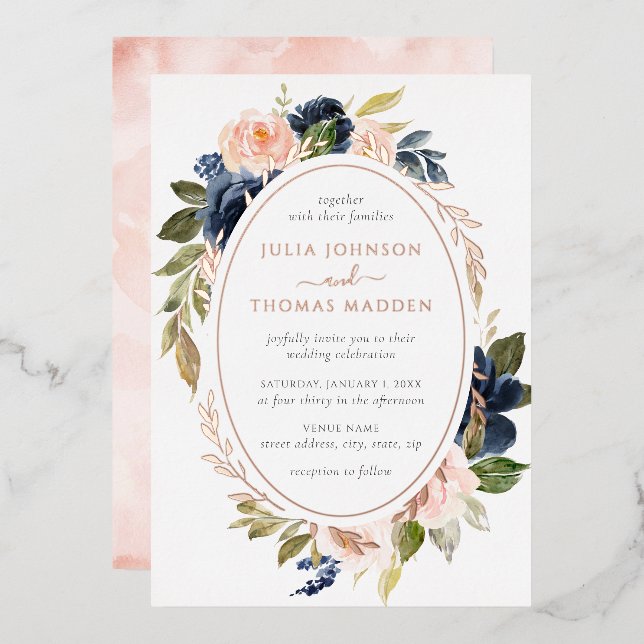 Rose Gold Watercolor Blush Navy Floral Wedding  (Front/Back)