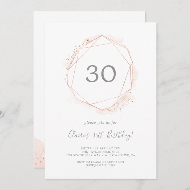 Rose Gold Watercolor Geometric 30th Birthday Party Invitation (Front/Back)