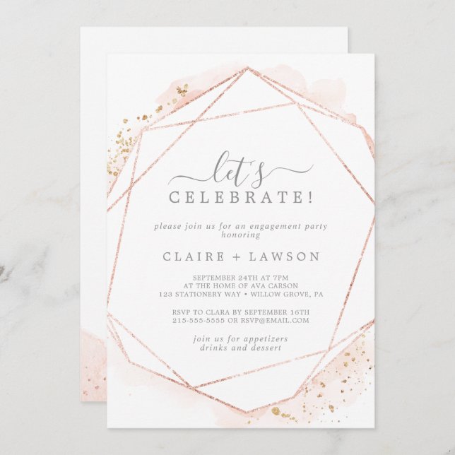 Rose Gold Watercolor Geometric Let's Celebrate Invitation (Front/Back)