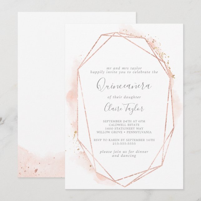 Rose Gold Watercolor Geometric Quinceañera Invitation (Front/Back)