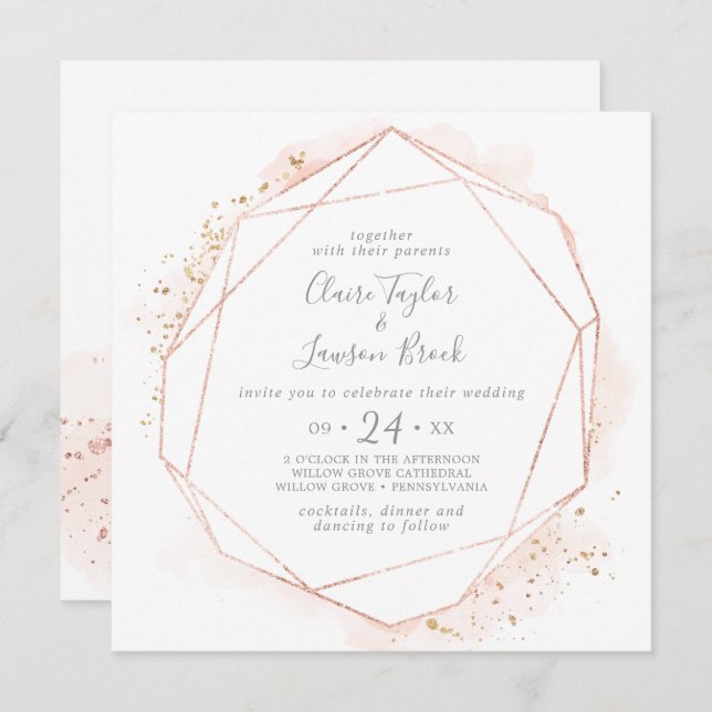Rose Gold Watercolor Geometric Square Wedding Invitation (Front/Back)