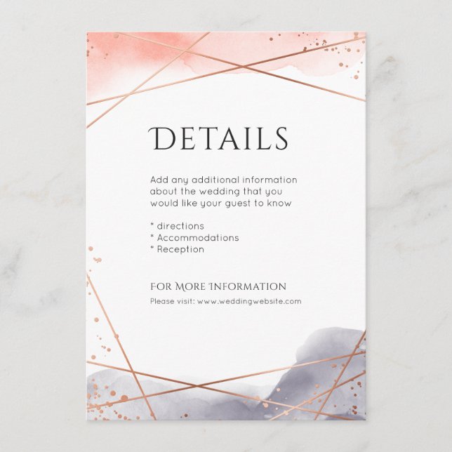 Rose Gold Watercolor Geometric wedding details Enclosure Card (Front)